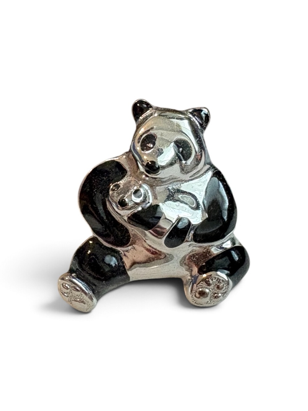 Panda Bear & Baby Brooch Silver Tone Black Enamel Pin